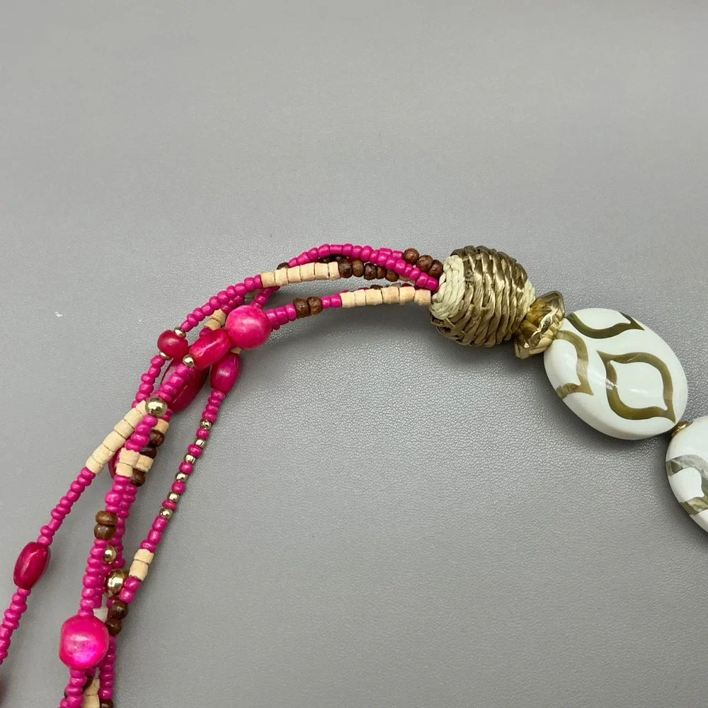 Chico's Necklace Pink Brown Multi Strand Seed Bead Statement Boho Gold Tone